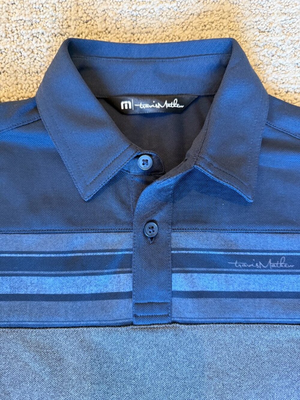 Travis Mathew Boys Golf Polo | Navy & Gray Color Block Stripe | Size YS